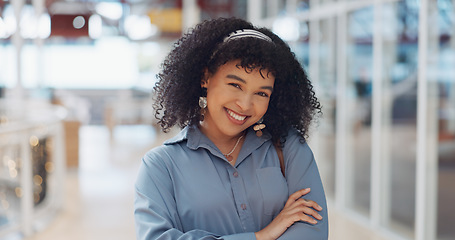 Image showing Business woman, hair and portrait of a happy creative employee confident arms folded ready for working. Happiness, black woman and digital marketing worker in a office in the morning smile from web d