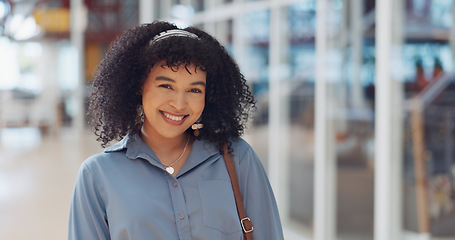 Image showing Business woman, hair and portrait of a happy shy creative employee ready for working. Happiness, black woman and digital marketing worker in a office in the morning smile from web design work