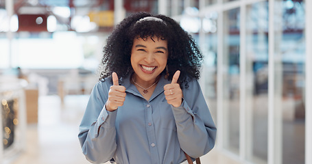 Image showing Business, office and happy black woman with thumbs up for corporate motivation, company mission success and career achievement. Yes, like and portrait of excited African employee with emoji hand sign