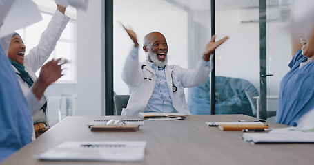 Image showing Doctors, applause and high five with success and paper confetti, celebrate win in health and cheers for team building. Happy, medical innovation win and target goal with motivation and diversity.