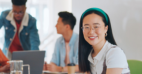 Image showing Face, business and Asian woman in meeting, thinking and happy with notes for startup company. Japan, ceo and creative leader with conversation, manager and leadership for planning, smile or workplace