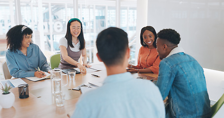 Image showing Diversity, business people and happy meeting for marketing teamwork, planning strategy and creative collaboration in office. Interracial team, employee management and creative group discussion