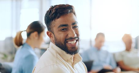 Image showing Happy man, portrait and business meeting with team, employees and staff in office for workshop, teamwork and startup success. Smile, motivation and laughing young worker excited for collaboration