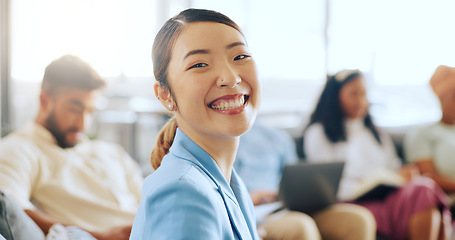 Image showing Corporate woman, asian and face at business meeting with smile, happiness and success with team in office. Happy finance expert, business people and portrait for vision, teamwork or goals in New York