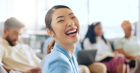 Image showing Asian business woman, face and coworking space with digital marketing team, advertising people or branding men and women. Portrait, smile and happy creative designer in modern office with innovation