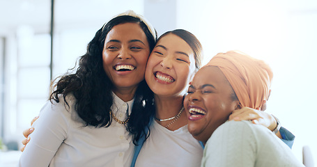 Image showing Women, happy and hug with celebration and team, diversity and success in presentation and collaboration. Solidarity, trust and business people, happiness and win in successful business meeting.