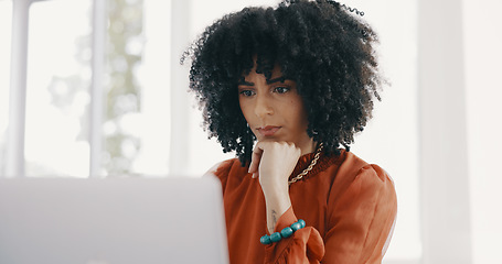 Image showing Business, thinking and black woman in office with laptop working on report, online project and research. Vision, ideas and female worker with computer at desk brainstorming, planning and strategy