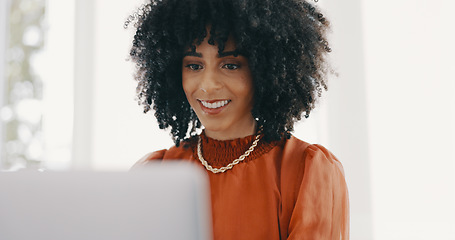 Image showing Laptop, thinking and report with a business black woman sitting at a desk with her hands on her chin. Idea, planning and agenda with a female employee typing on a computer in her office at work