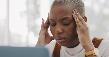 Image showing Stress, burnout and headache of black woman on laptop typing email in office at marketing company. Anxiety, tired and migraine of employee frustrated thinking of professional online response.