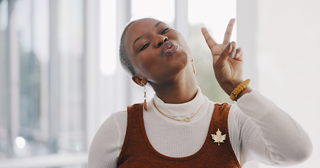 Image showing Black woman, peace hand and kiss face for corporate happiness, creative employee motivation and designer success. African business woman, smile and happy hands emoji or positive mindset energy