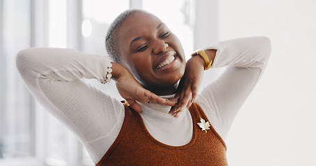 Image showing Face, leadership and black woman with arms crossed in office ready for goals or targets. Ceo, boss or happy female entrepreneur from Nigeria with vision, mission and laughing for success in workplace