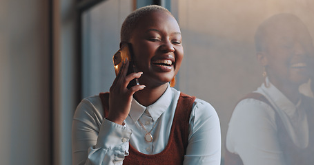 Image showing Phone call, communication and black woman laughing in office. Business, cellphone and happy female employee speaking, chatting and networking with comic, comedy or funny contact in company workplace.