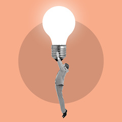 Image showing Businessman, icon and hang on idea lightbulb for stress, tired or brainstorming for solution to falling stock market. Animation, ideas and knowledge in leadership, mission or goals at finance company