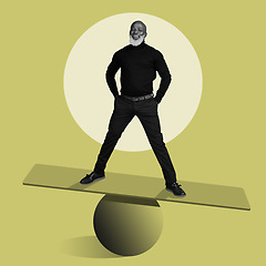 Image showing Portrait, creative and balance with a black man in studio on a yellow background for abstract art. 3D, scale or illustration with a senior male standing on a balancing board and ball for artwork