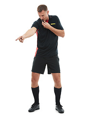 Image showing Sports, whistle and male referee in a studio pointing for a soccer game or exercise training. Fitness, professional and full body of a man coach coaching a football match isolated by white background