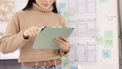 Image showing Woman, tablet and ui ux design with the developer being creative for mobile app project with a pen in office. Female planning, web design and development of wireframe on storyboard for website idea