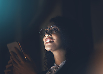 Image showing Looking, search and woman with phone at night for communication, chat and gps app in city. Connection, location and worker thinking with a mobile for travel, conversation and call in dark in Spain