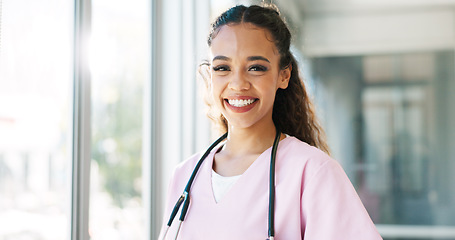 Image showing Laughing woman, face and pediatrician nurse with hospital ideas, life insurance vision or trust help. Happy, smile or portrait of medical healthcare worker with childcare wellness goals or motivation