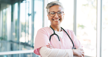 Image showing Laughing healthcare worker, face or arms crossed nurse with pediatric hospital ideas or life insurance vision. Mature portrait, happy smile or medical woman with medical wellness goals or motivation