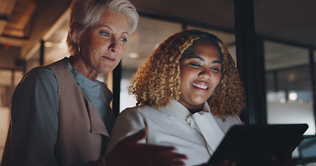 Image showing Business women, mentor and collaboration with advice, executive and employee working together with tablet. Communication, agreement and partnership with team and face zoom, discussion and technology.