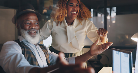 Image showing Business people celebrate, dance for success and high five for target goal or employee bonus with promotion. Support, happy and dancing, partner and agreement with email notification and good news.