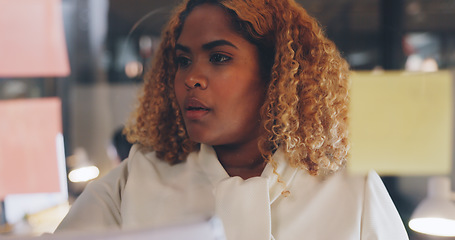 Image showing Corporate black woman, board and sticky note in planning, vision or marketing strategy at night. Woman, documents or glass for brainstorming, target or ideas for digital marketing, advertising or seo