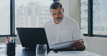 Image showing Businessman, office and drink water with documents, laptop and focus for market research, analysis or target. Advertising expert, paper or strategy with data analytics, kpi or goals for marketing job