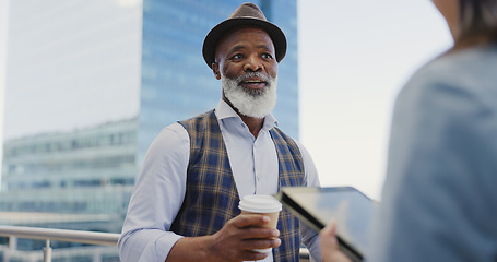 Image showing Senior african businessman, receptionist and city rooftop in planning, vision or kpi discussion. Elderly black man, ceo and leader with receptionist for schedule, calendar or marketing in New York