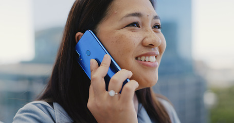 Image showing Business woman, phone call and coffee in city, talking or chatting. Face, cellphone and female employee from Singapore drinking tea while speaking or networking with contact on 5g mobile smartphone.