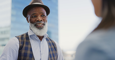 Image showing Senior african businessman, receptionist and city rooftop in planning, vision or kpi discussion. Elderly black man, ceo and leader with receptionist for schedule, calendar or marketing in New York