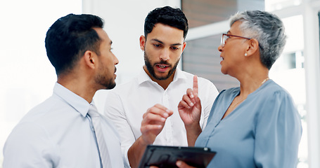 Image showing Tablet, collaboration or business people for teamwork in office building for marketing strategy, web SEO growth or research. Meeting, happy or manager on tech planning, social media or network blog