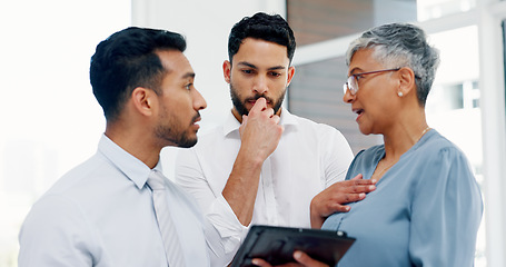 Image showing Tablet, collaboration or business people for teamwork in office building for marketing strategy, web SEO growth or research. Meeting, happy or manager on tech planning, social media or network blog