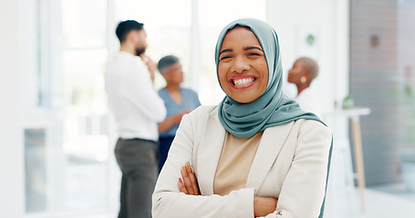 Image showing Face of a muslim business woman in hijab, proud for company values, mission and inclusion culture in office. Workplace, corporate and happy islamic employee or worker with vision, goals and laughing