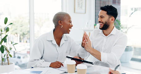 Image showing Tablet, collaboration or business people high five in office for marketing strategy, web SEO growth or research success. Teamwork, diversity or happy on tech planning, social media or network blog