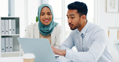 Image showing Research, diversity or business people on laptop in office for marketing strategy, web SEO growth or business meeting. Teamwork, happy or collaboration on tech planning, social media or network blog