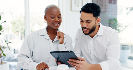 Image showing Tablet, collaboration or business people high five in office for marketing strategy, web SEO growth or research success. Teamwork, diversity or happy on tech planning, social media or network blog