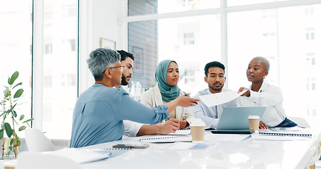 Image showing Data analysis, diversity or business people in meeting for advertising strategy, web SEO growth or research. Teamwork, happy or manager on tech planning, social media or networking in office building