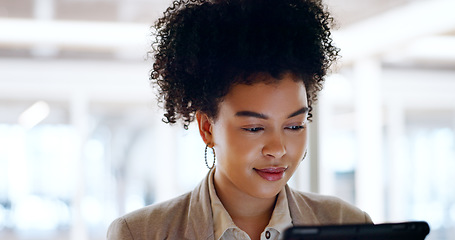 Image showing Business woman, tablet and face with focus and leadership, technology and corporate communication. Email, networking and digital marketing with seo, black woman executive typing with research online