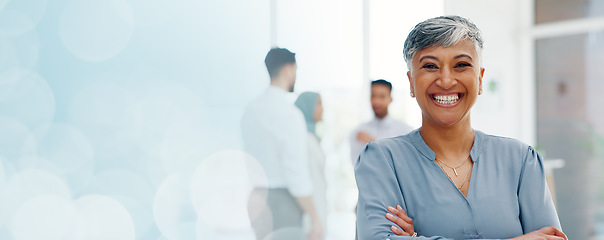 Image showing Face of a senior business woman proud and happy with company values, mission and inclusion culture in office. Workplace, corporate and smile of manager, employee or worker vision, goals and laughing