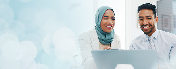 Image showing Research, diversity or business people on laptop in office for marketing strategy, web SEO growth or business meeting. Teamwork, happy or collaboration on tech planning, social media or network blog