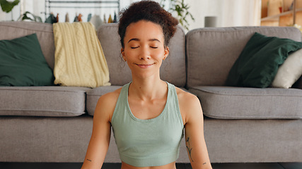 Image showing Gratitude, meditation and face of a woman with peace, mind freedom and happy with spiritual journey on floor. Yoga, zen and portrait of a girl with prayer hands during calm exercise in the lounge