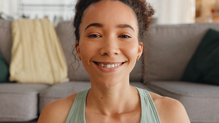 Image showing Happy, meditation breathing and face of a woman with peace, relax and zen smile in a house for balance. Wellness, mind and portrait of a girl with spiritual faith and calm during mindset exercise