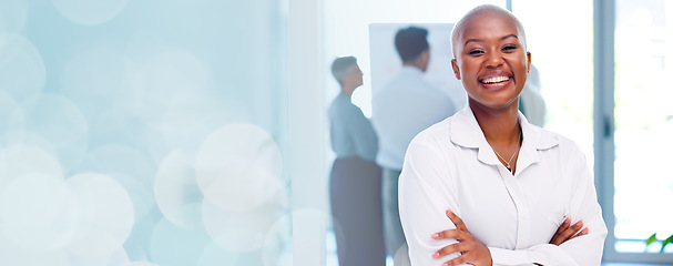 Image showing Face of a business black woman proud and happy with company values, mission and inclusion culture in office. Workplace, corporate and smile of african employee or worker vision, goals and laughing