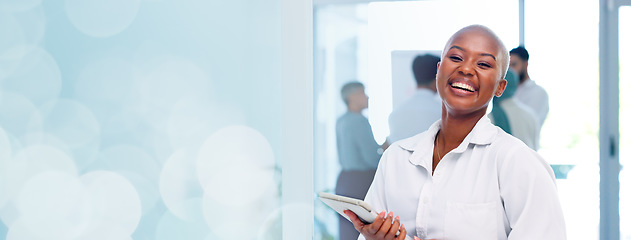 Image showing Face, corporate and black woman with tablet, smile and digital marketing for sales growth, goals and workplace. Portrait, African American female employee or leader with happiness and online schedule