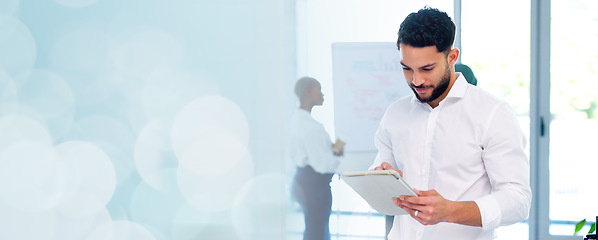 Image showing Businessman, smile and working on tablet in busy office, company and startup agency. Happy worker, digital technology and website planning for internet search, data management and productivity online