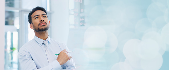 Image showing Thinking, strategy and serious businessman writing on glass wall with thoughtful analysis in office. Brainstorming, planning and vision of corporate worker with focus, concentration and idea.