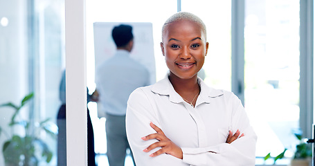 Image showing Face of a business black woman proud and happy with company values, mission and inclusion culture in office. Workplace, corporate and smile of african employee or worker vision, goals and laughing