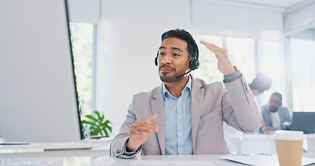 Image showing Business, man and call center for telemarketing, talking and in office. Consultant, male employee or agent consulting, help and conversation with online process, digital marketing or customer support