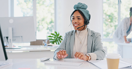 Image showing Call center, woman and frustrated with client, angry and stress with customer support, CRM fail and customer problem. Employee annoyed, customer care and consultant face, communication with headset.