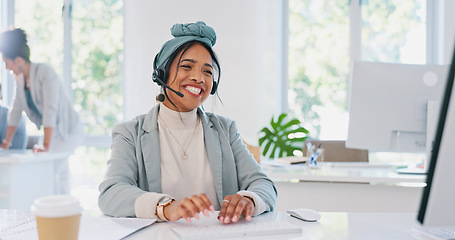 Image showing Customer support, crm or woman in call center telemarketing, typing or helping client with loan advice at computer desk. Customer services, technical support or worker speaking or talking for sales